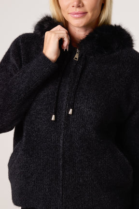 Zip Up Fur Trim Chenille Hairy Hoodie