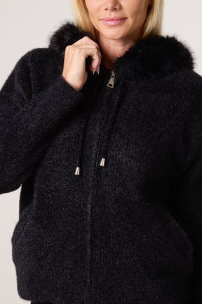 Zip Up Fur Trim Chenille Hairy Hoodie