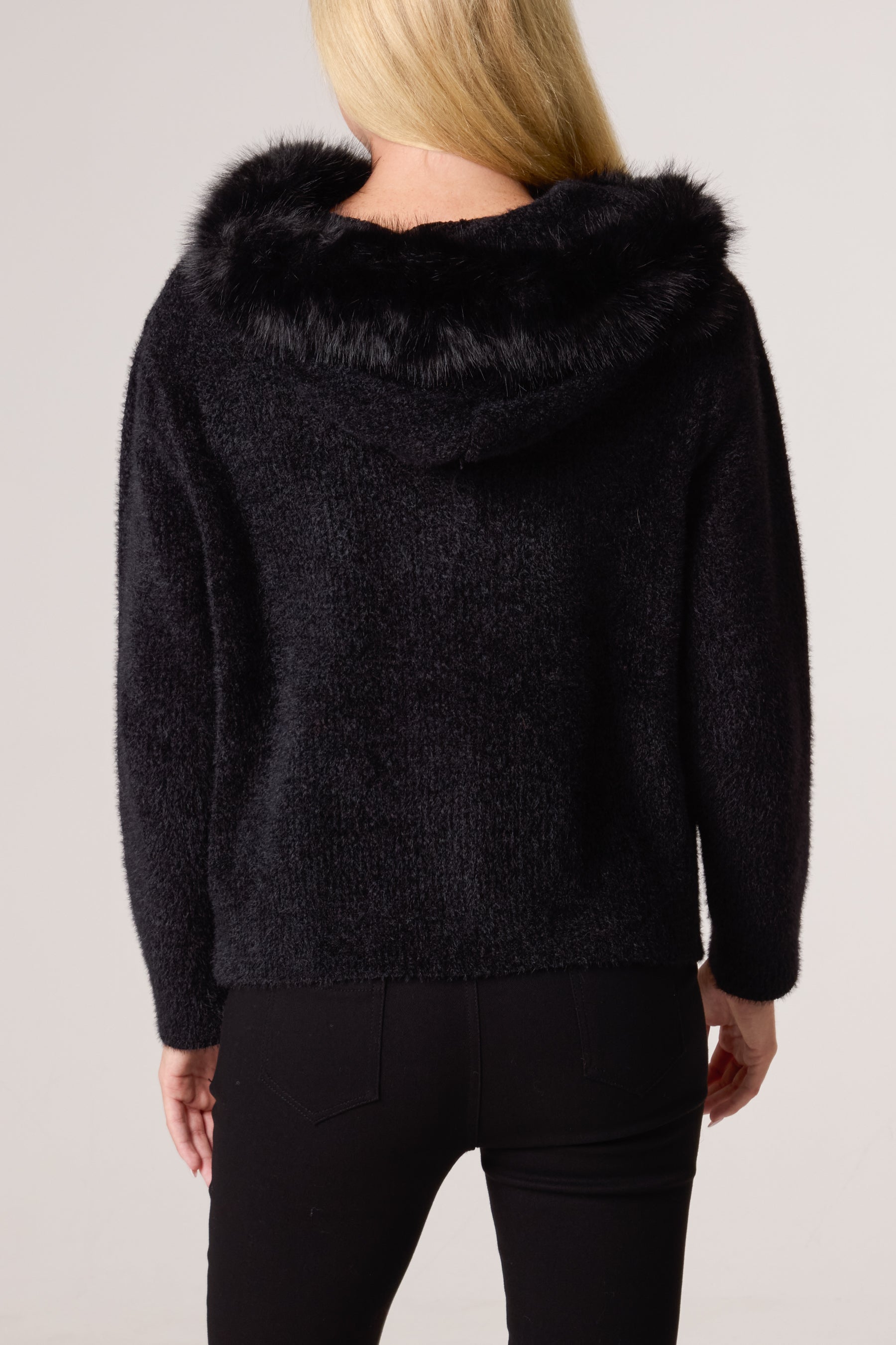 Zip Up Fur Trim Chenille Hairy Hoodie