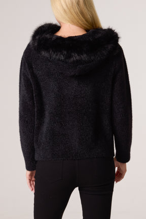 Zip Up Fur Trim Chenille Hairy Hoodie