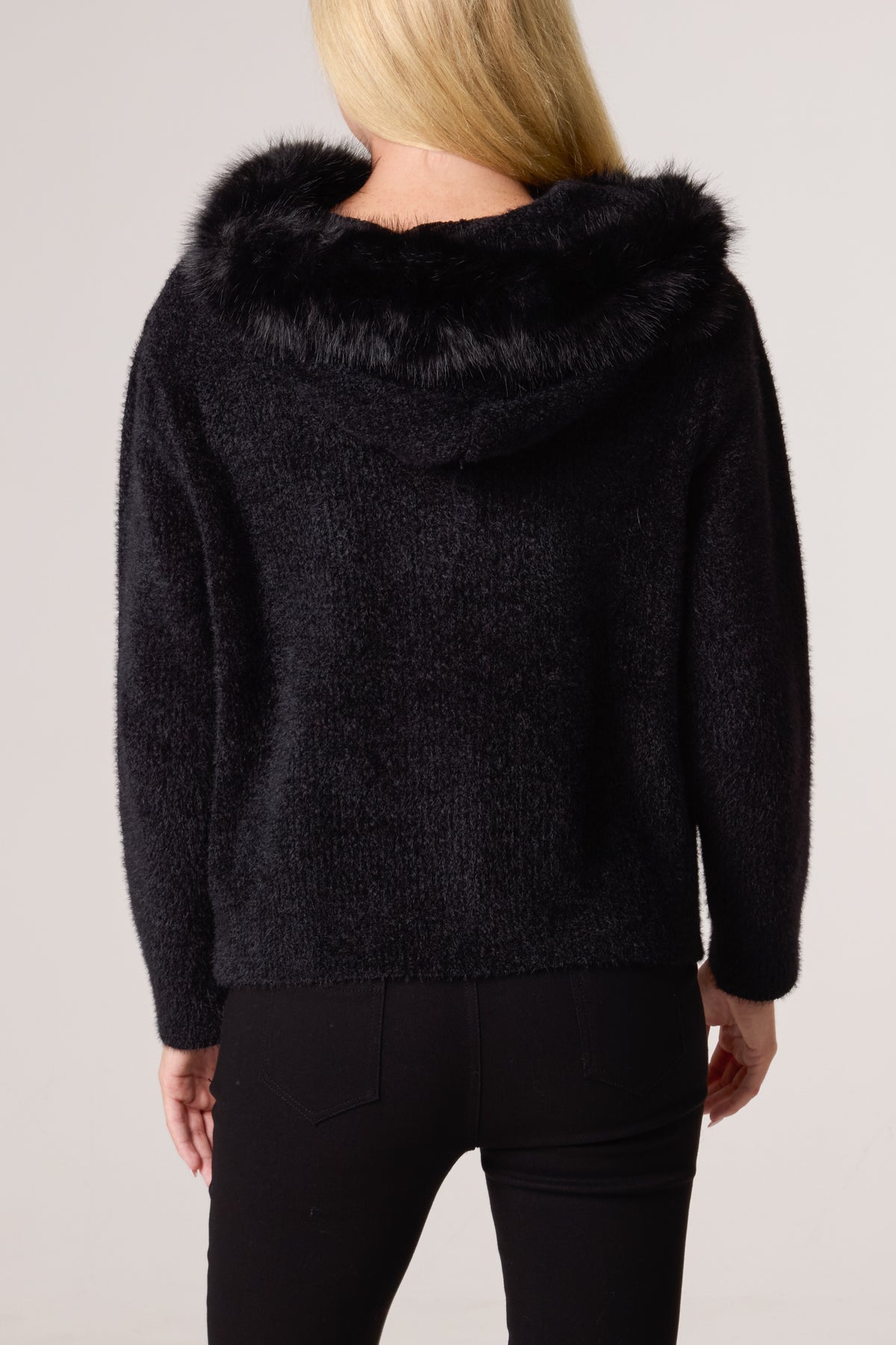 Zip Up Fur Trim Chenille Hairy Hoodie