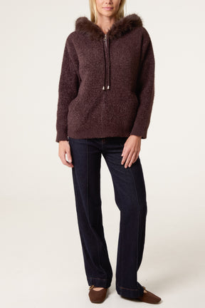 Zip Up Fur Trim Chenille Hairy Hoodie