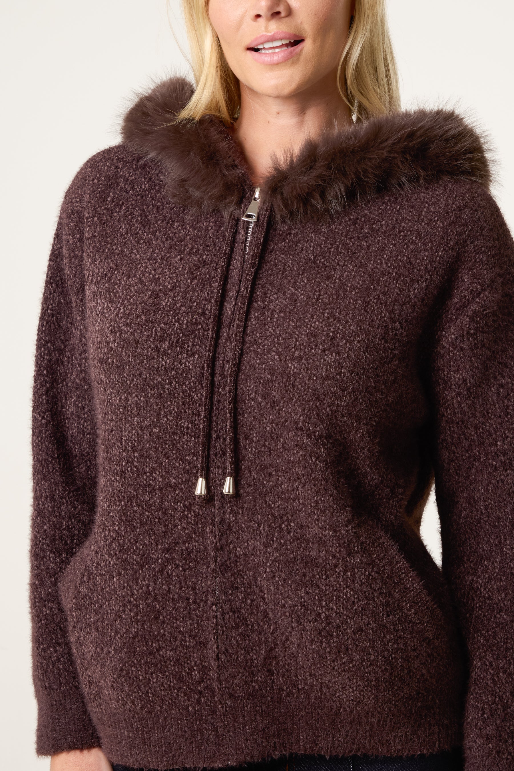 Zip Up Fur Trim Chenille Hairy Hoodie