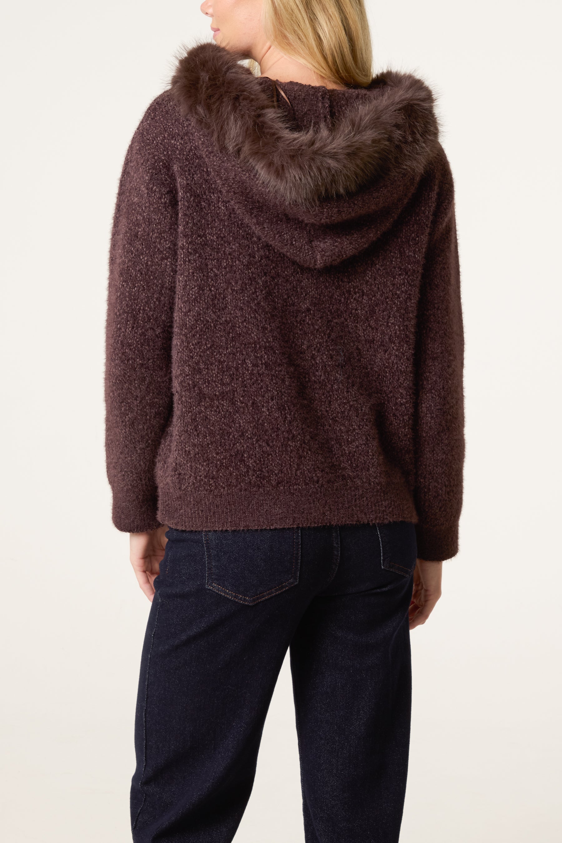 Zip Up Fur Trim Chenille Hairy Hoodie