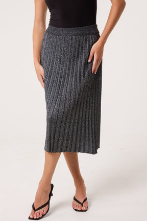 Pleated Lurex Knit Midi Skirt