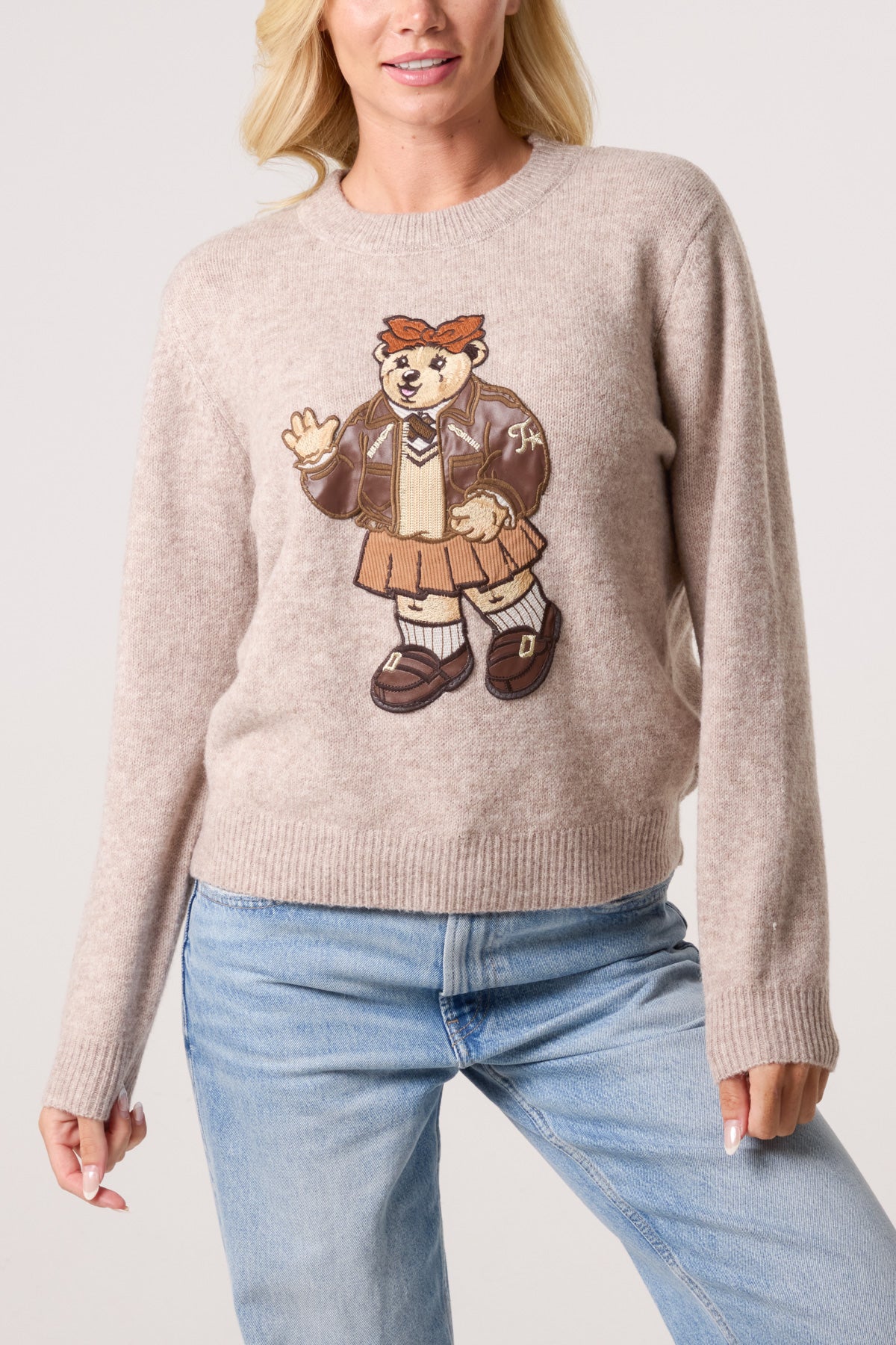 Embroidered School Bear  Knit Jumper