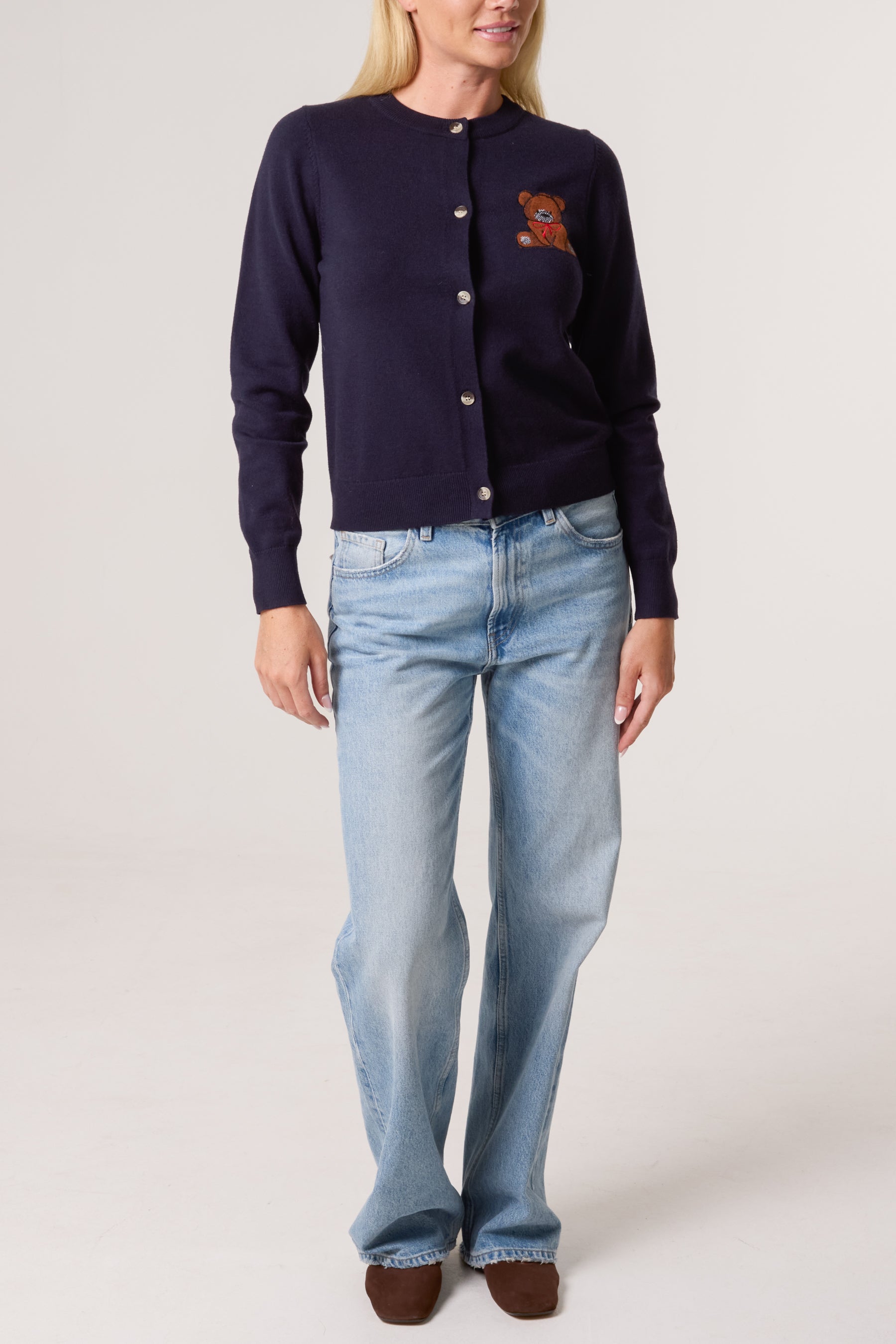 Fine Knit 2 Embroidered Teddy Bears Cardigan
