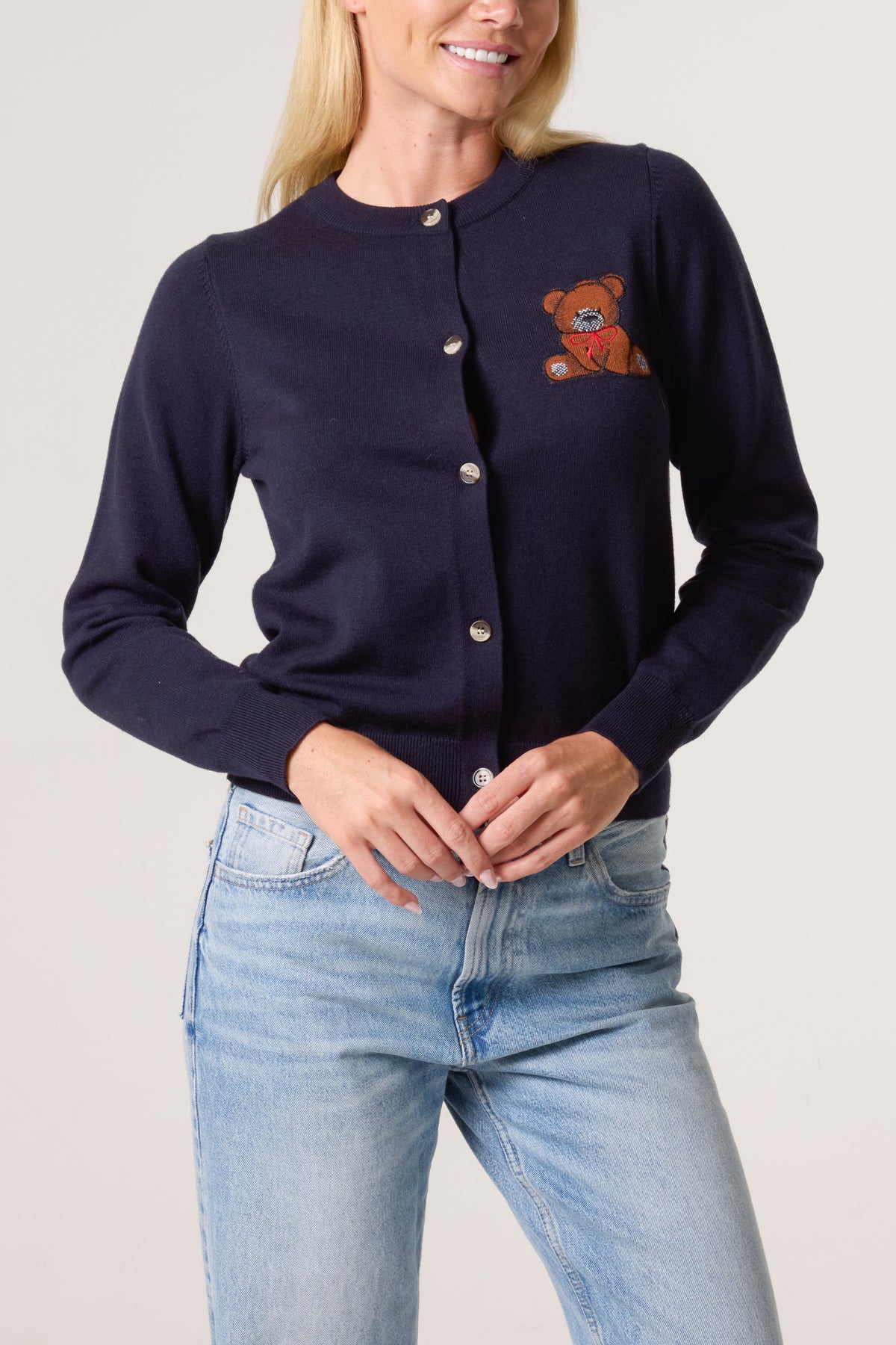 Fine Knit 2 Embroidered Teddy Bears Cardigan