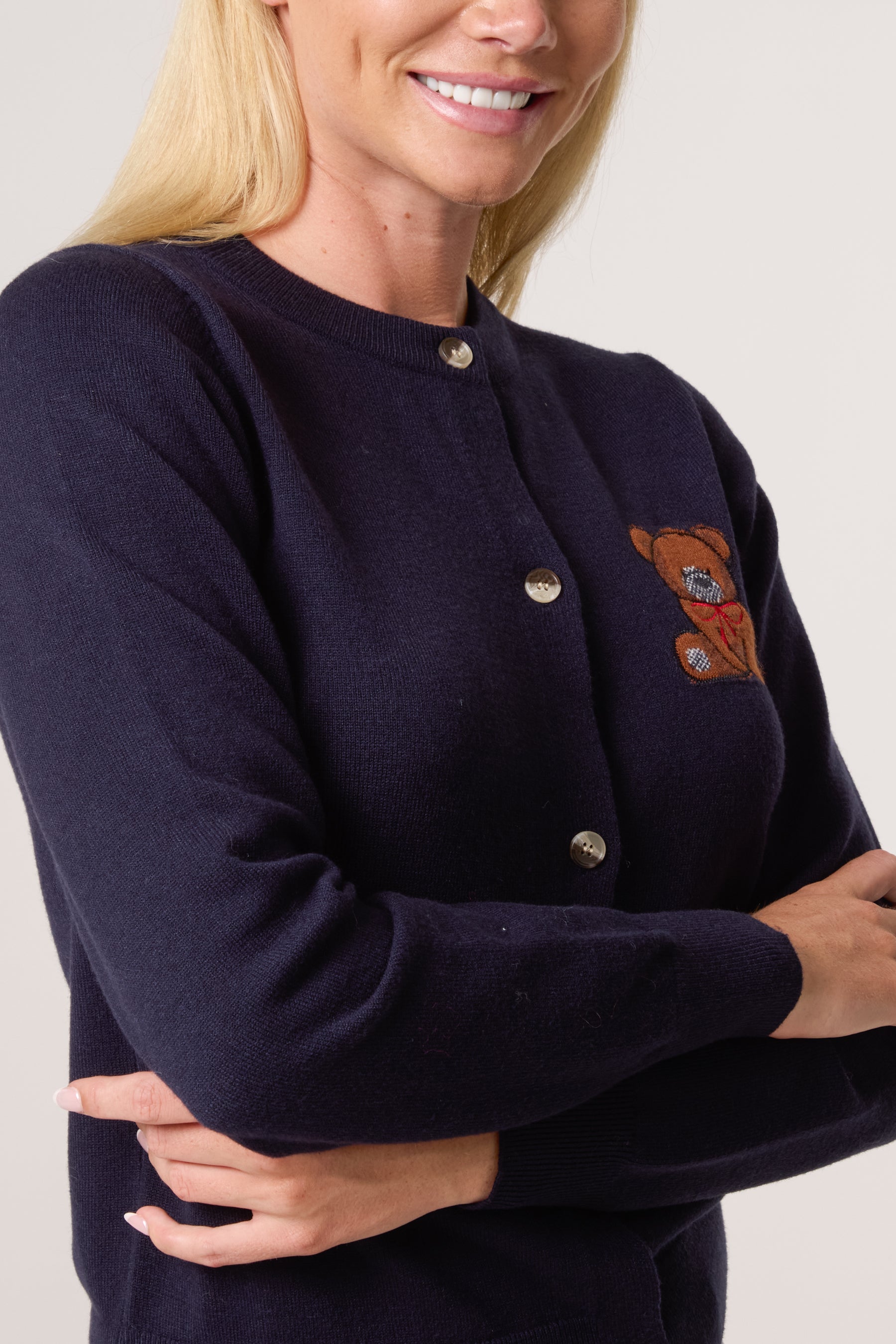 Fine Knit 2 Embroidered Teddy Bears Cardigan