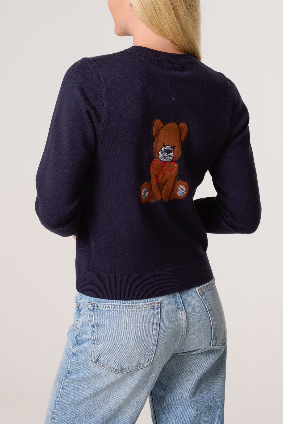 Fine Knit 2 Embroidered Teddy Bears Cardigan