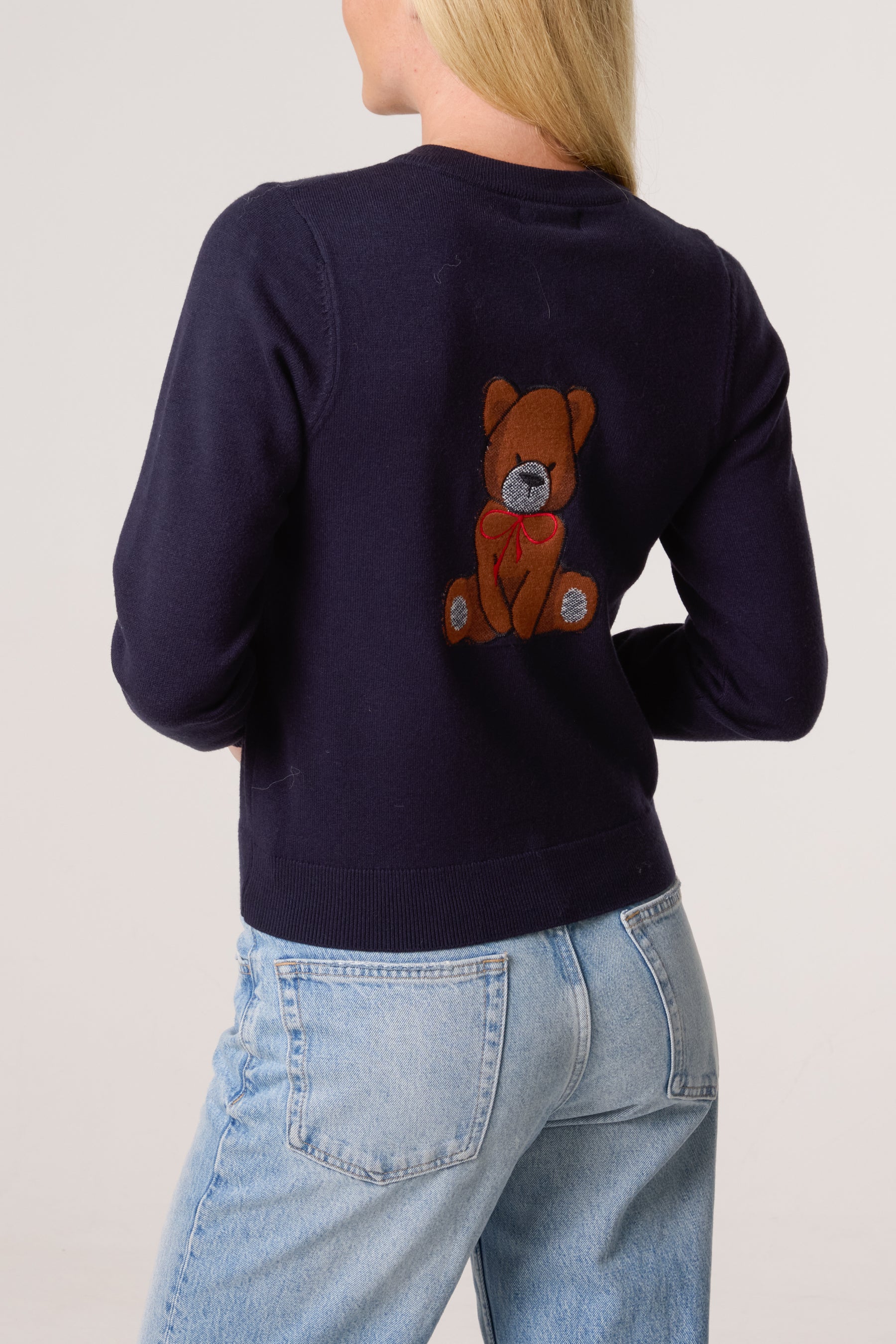 Fine Knit 2 Embroidered Teddy Bears Cardigan