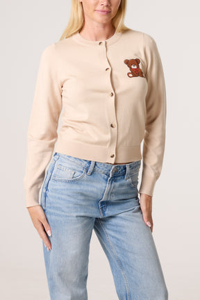Fine Knit 2 Embroidered Teddy Bears Cardigan