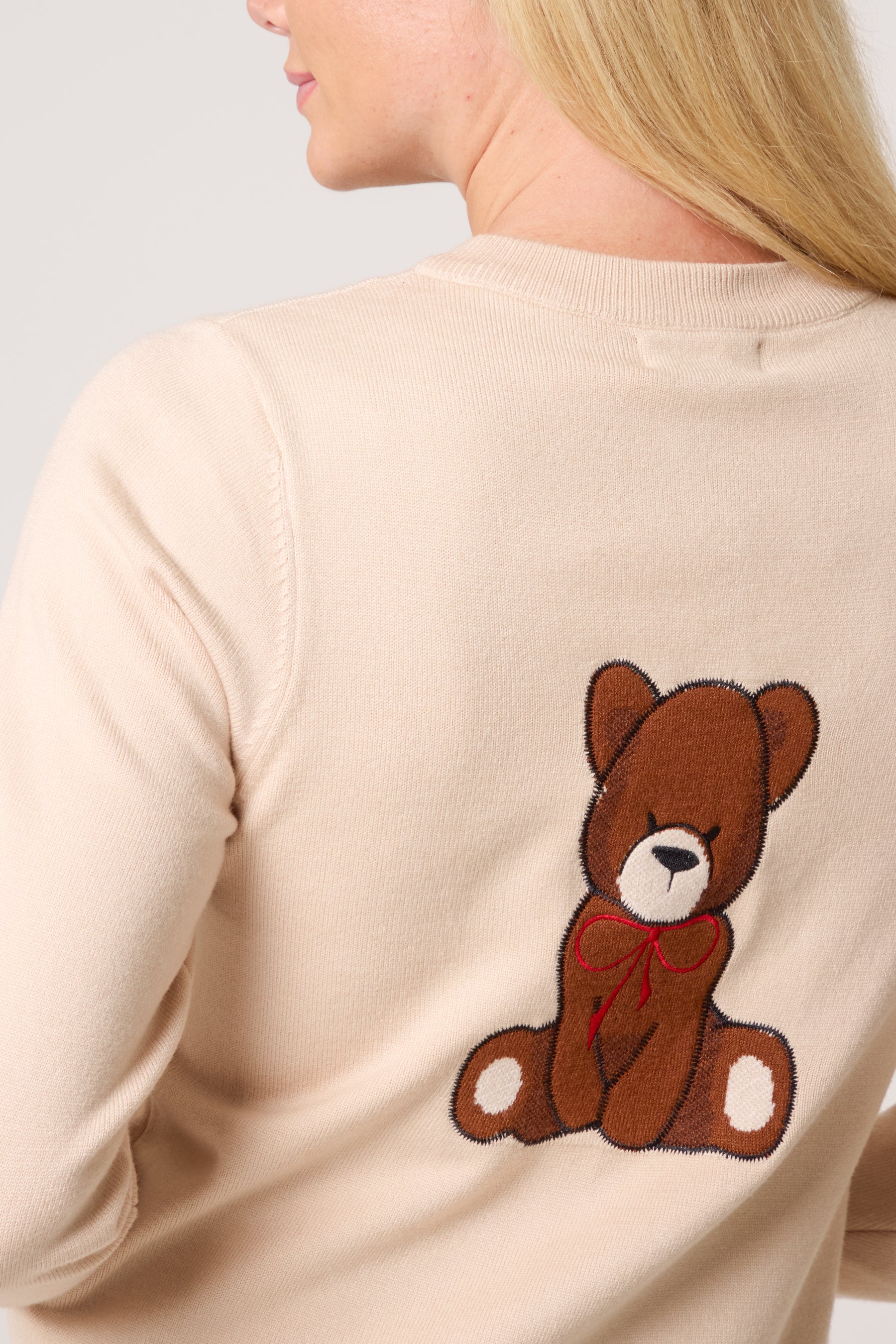 Fine Knit 2 Embroidered Teddy Bears Cardigan