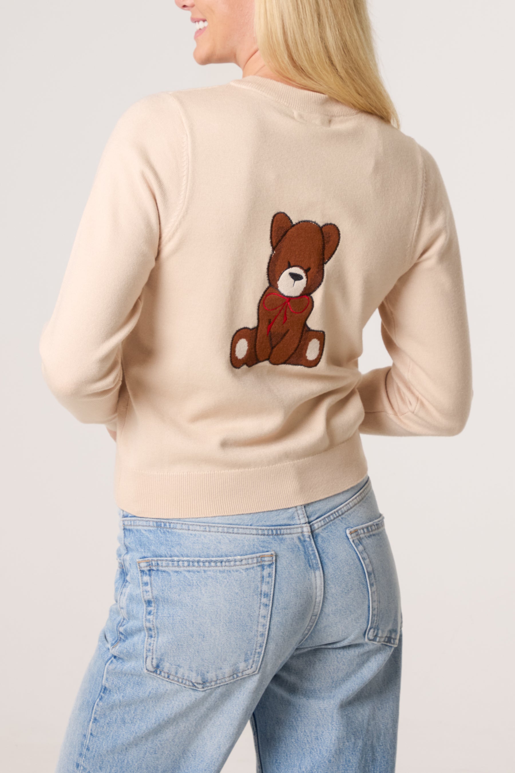 Fine Knit 2 Embroidered Teddy Bears Cardigan
