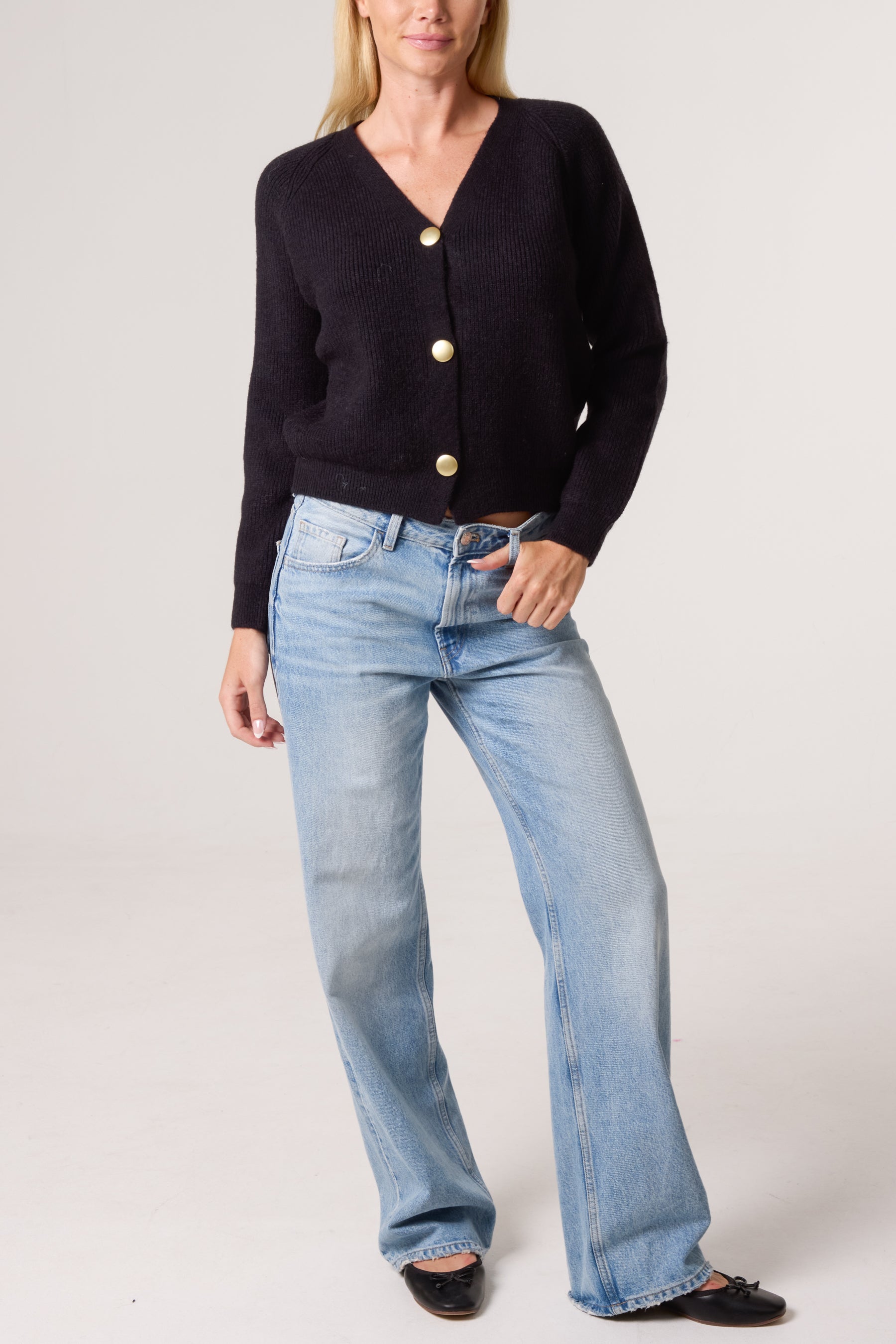 Gold Button V-Neck Knit Cardigan