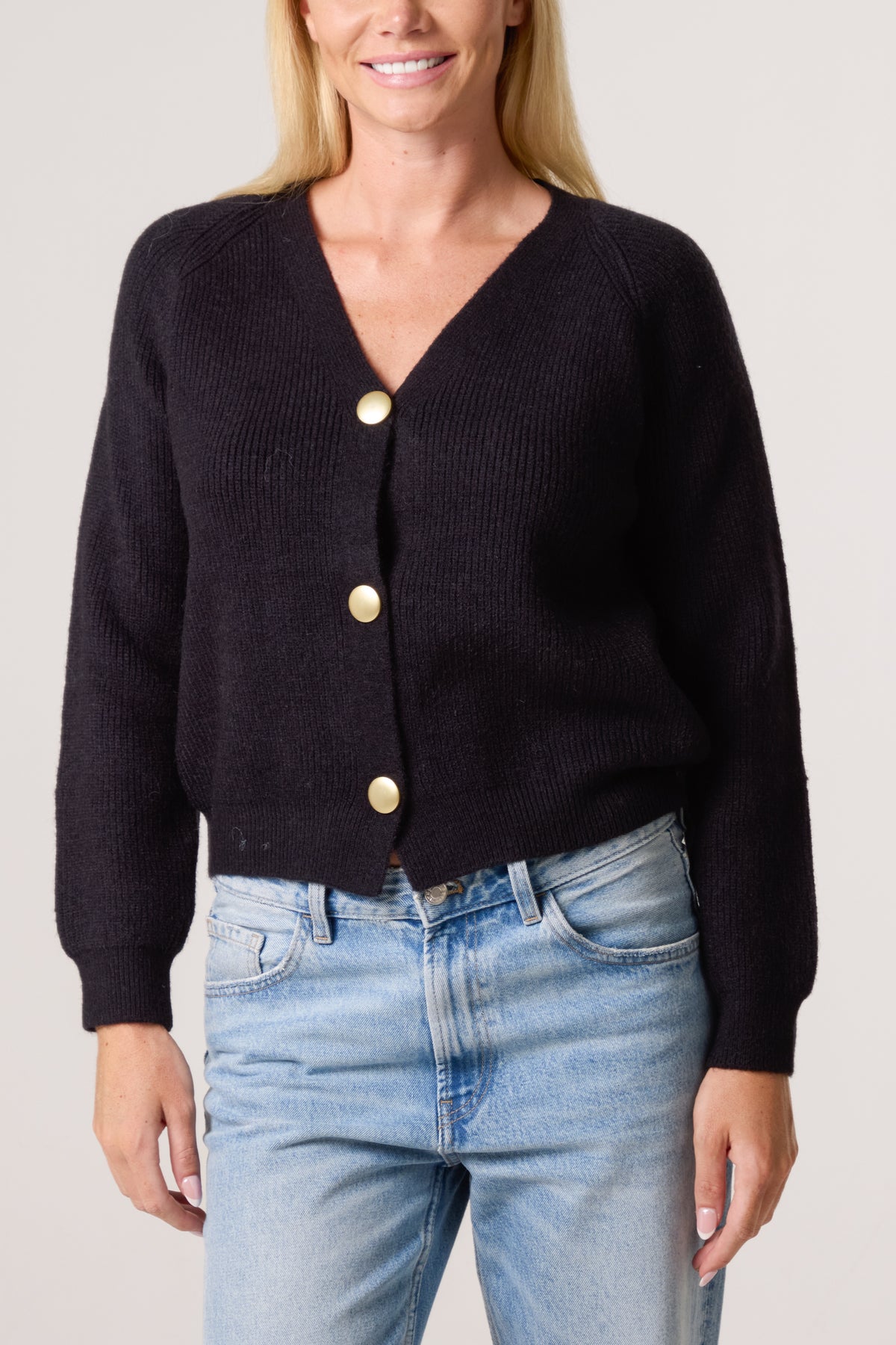 Gold Button V-Neck Knit Cardigan