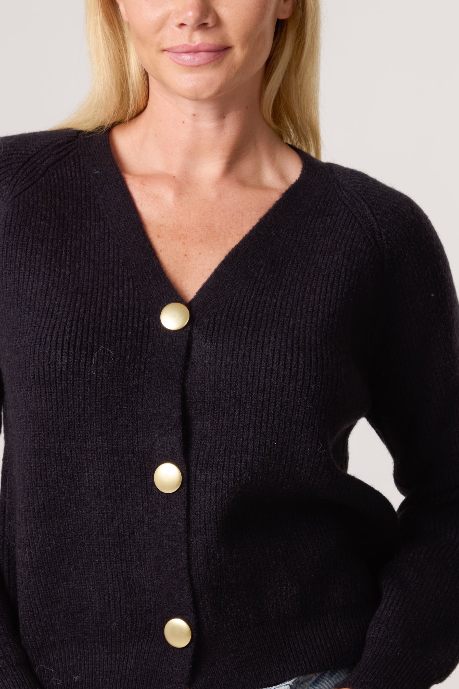 Gold Button V-Neck Knit Cardigan