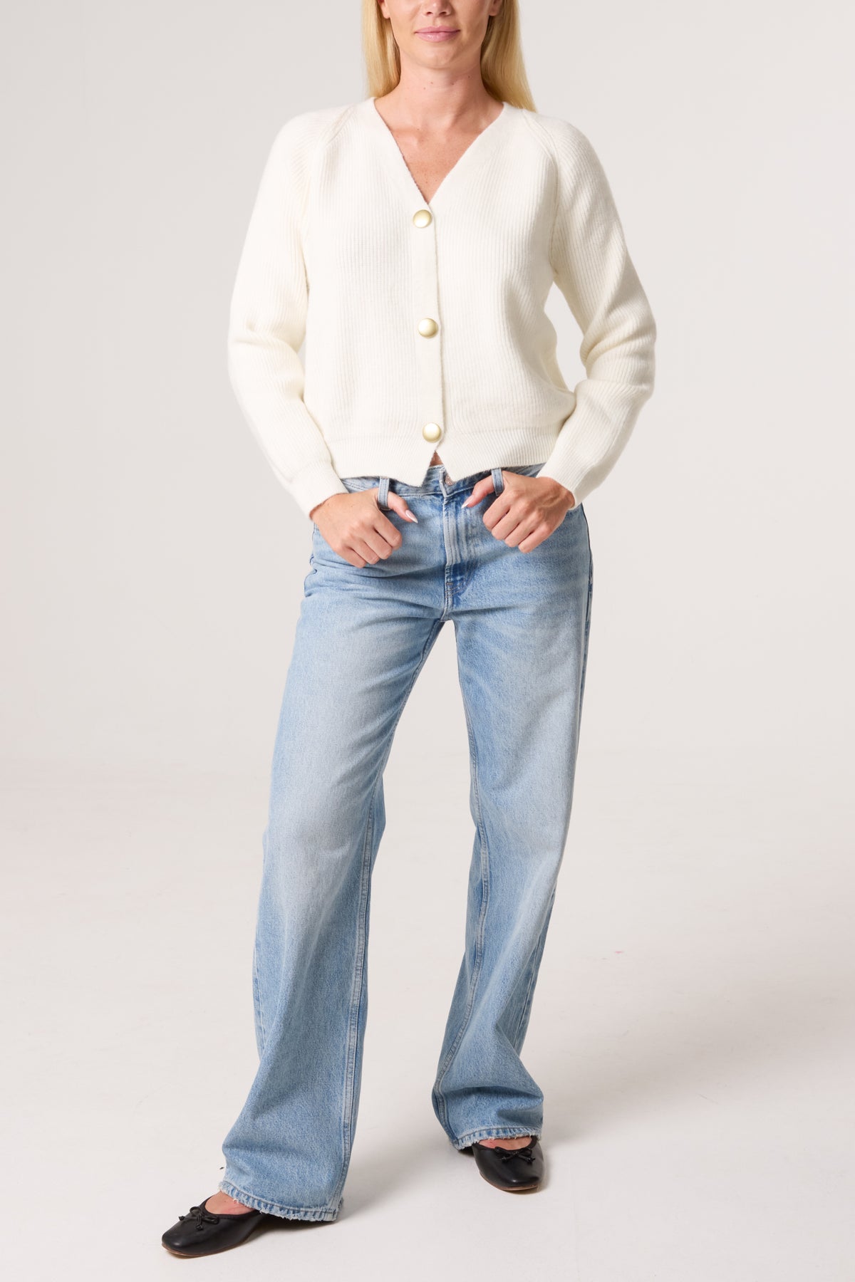 Gold Button V-Neck Knit Cardigan