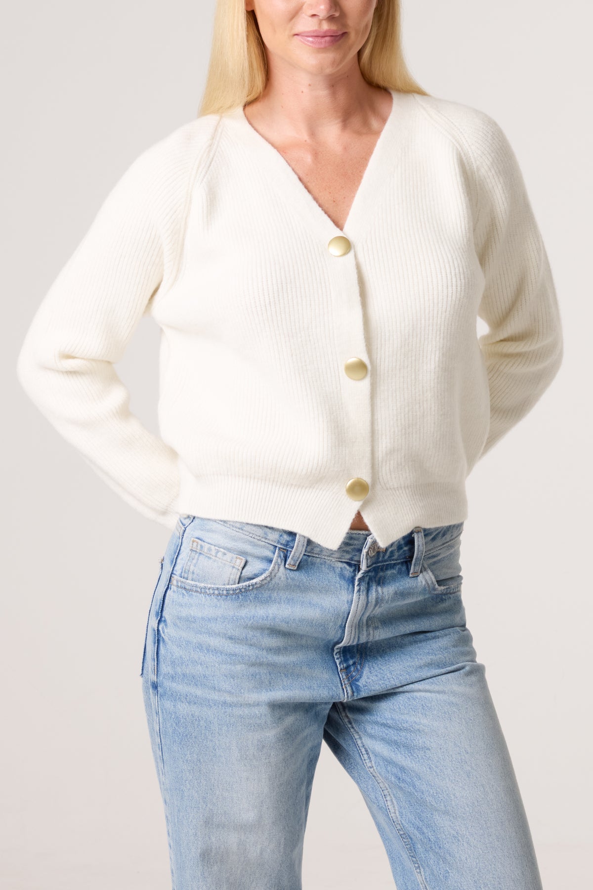 Gold Button V-Neck Knit Cardigan