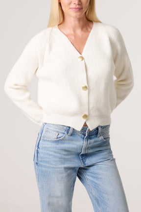 Gold Button V-Neck Knit Cardigan