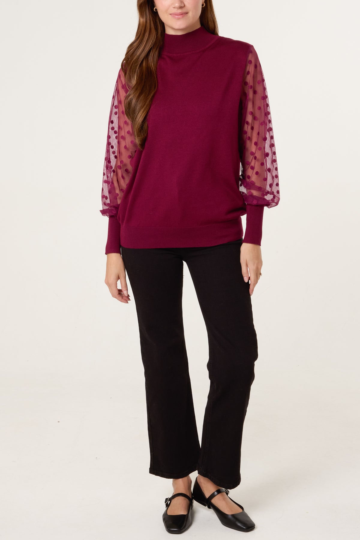 Polka Dot Mesh Sleeve High Neck Jumper