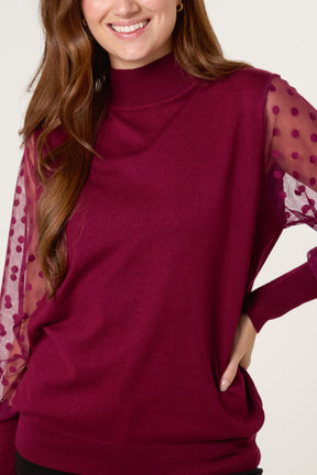Polka Dot Mesh Sleeve High Neck Jumper
