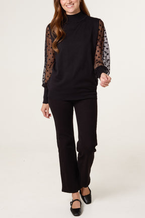 Polka Dot Mesh Sleeve High Neck Jumper