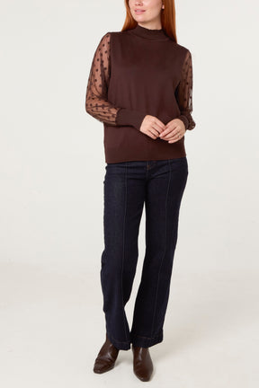 Polka Dot Mesh Sleeve High Neck Jumper