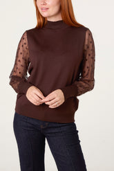 Polka Dot Mesh Sleeve High Neck Jumper