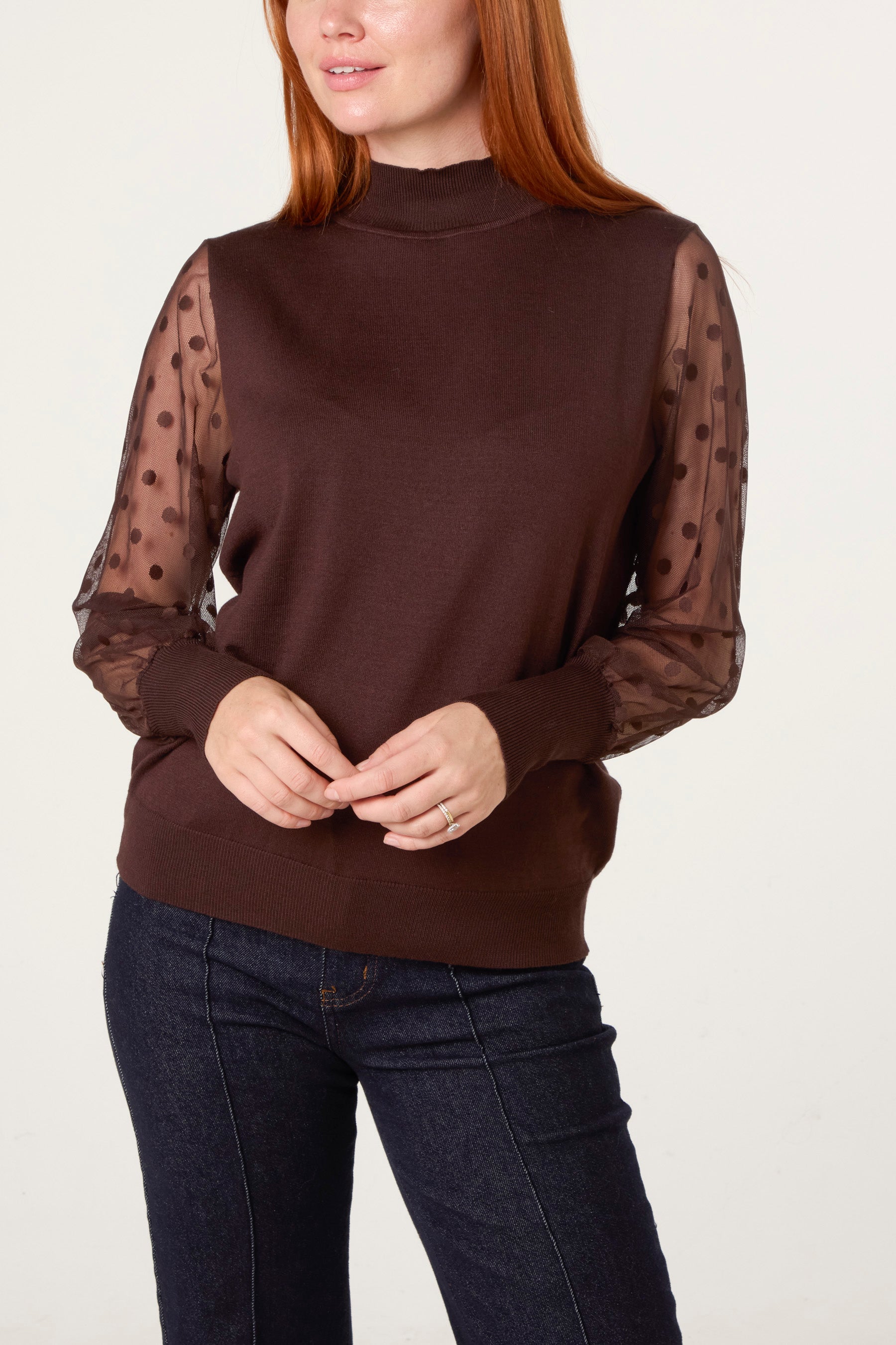 Polka Dot Mesh Sleeve High Neck Jumper