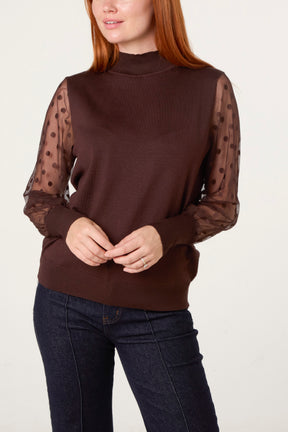 Polka Dot Mesh Sleeve High Neck Jumper