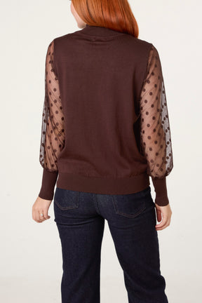 Polka Dot Mesh Sleeve High Neck Jumper