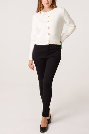Gold Brooch Button Knit Cardigan