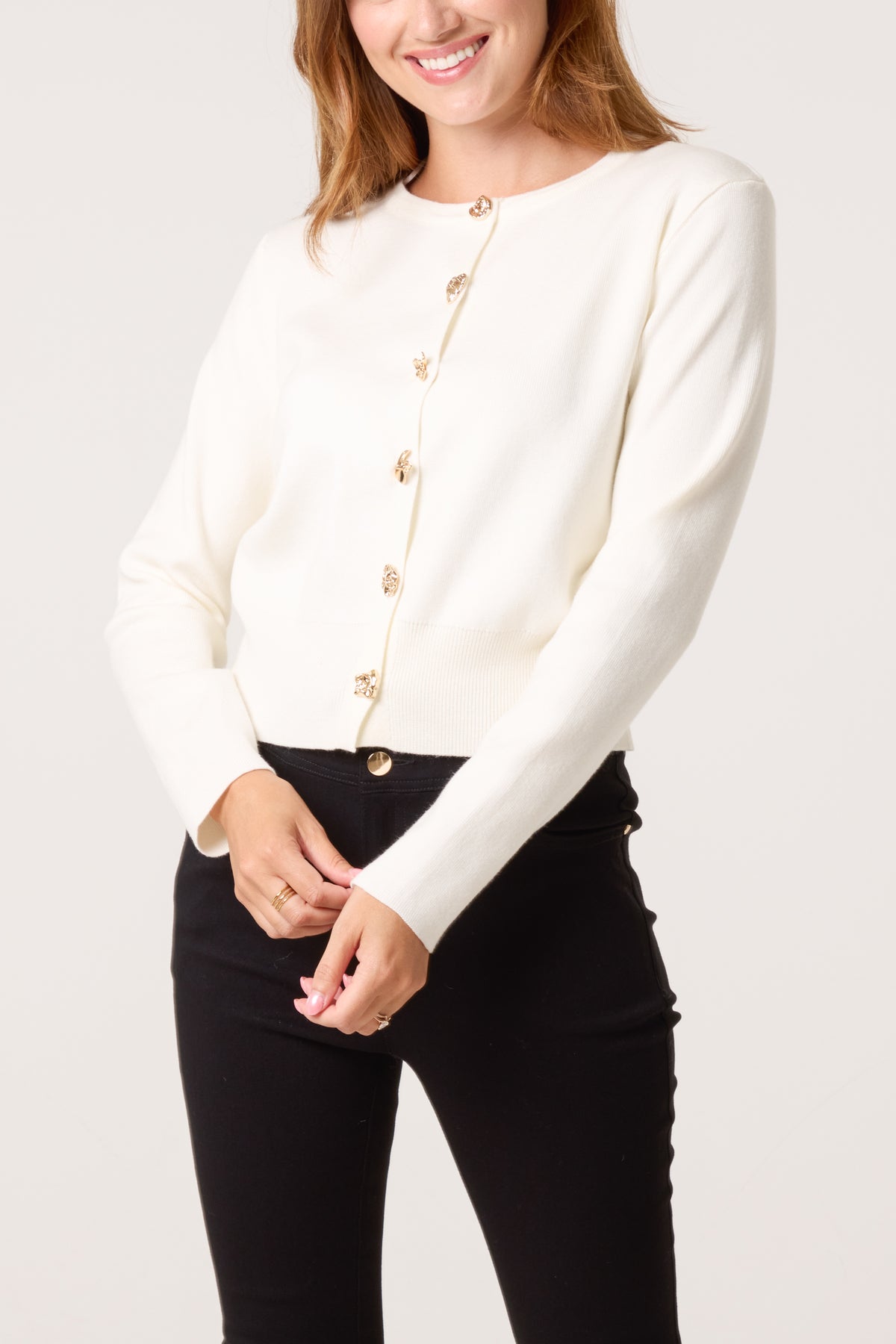 Gold Brooch Button Knit Cardigan