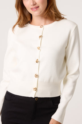 Gold Brooch Button Knit Cardigan