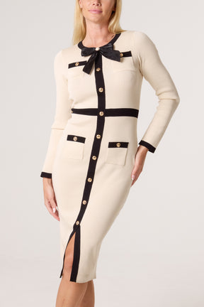 Gold Button & Bow Contrast Knit Dress