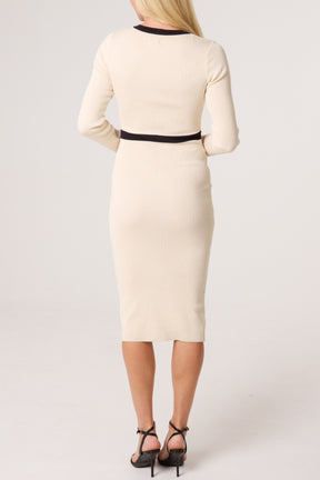 Gold Button & Bow Contrast Knit Dress