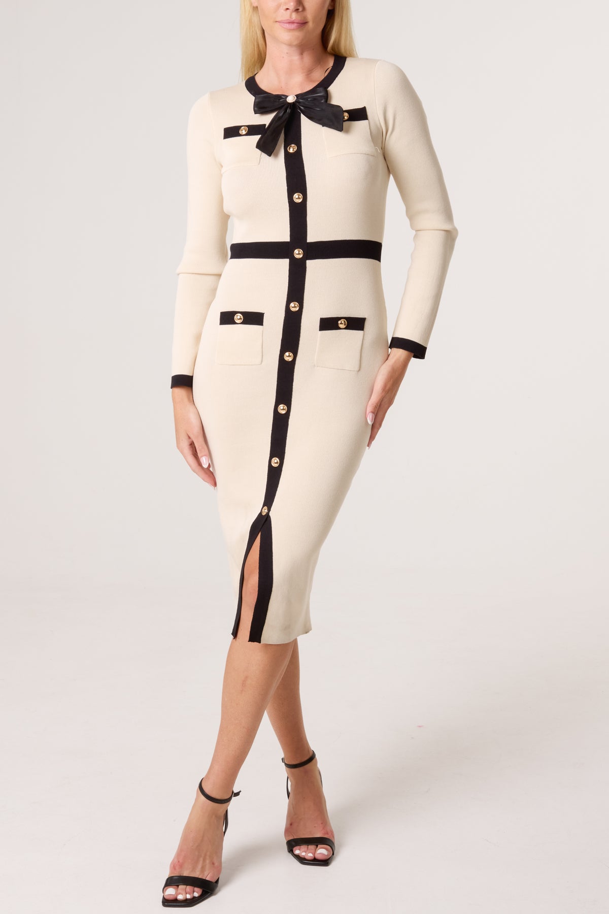 Gold Button & Bow Contrast Knit Dress