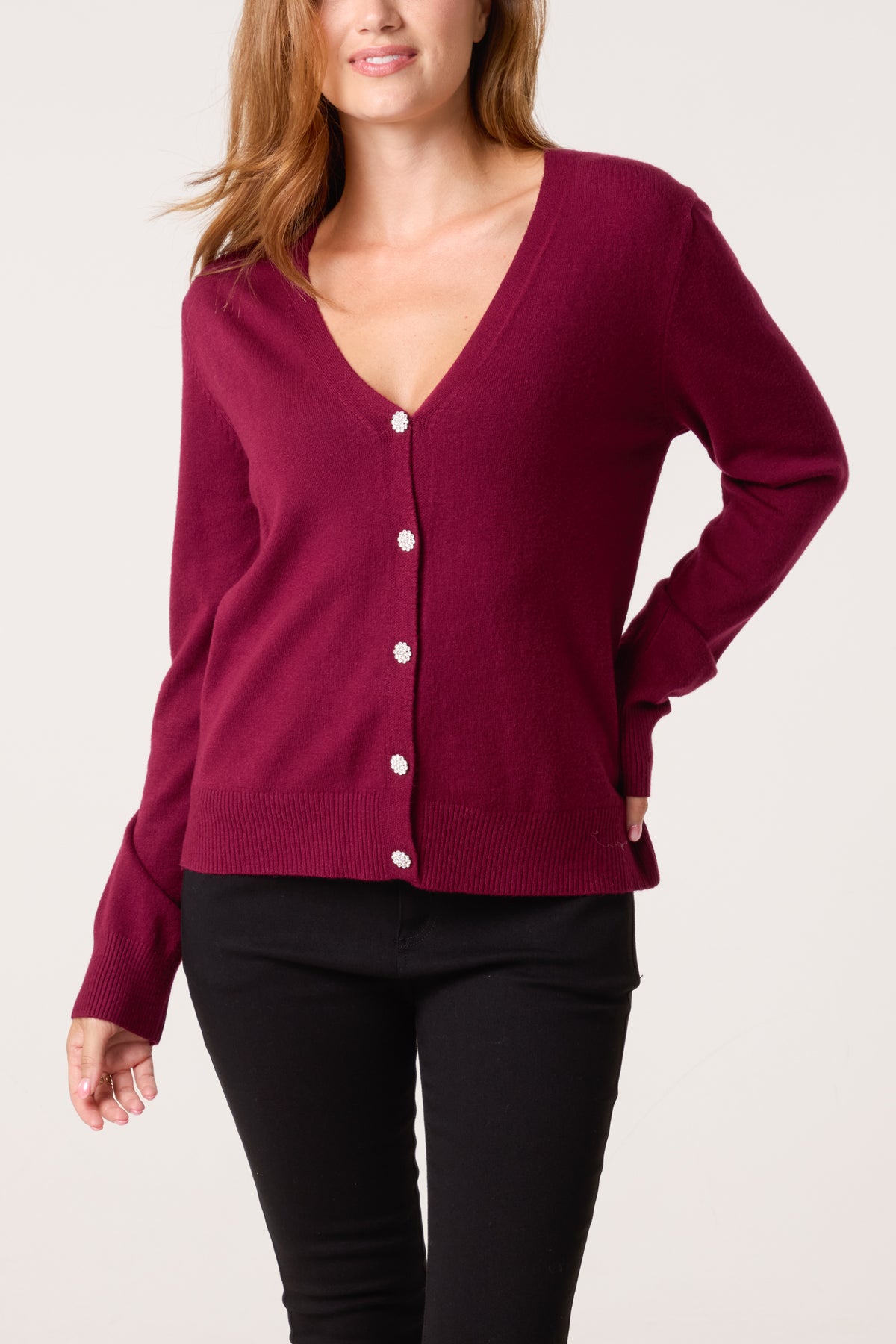 V-Neck Jewelled Button Knit Cardigan