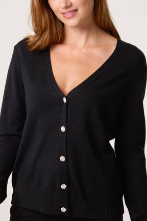 V-Neck Jewelled Button Knit Cardigan