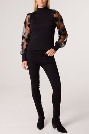 Mesh Flower Sleeve Turtle Neck Jumper