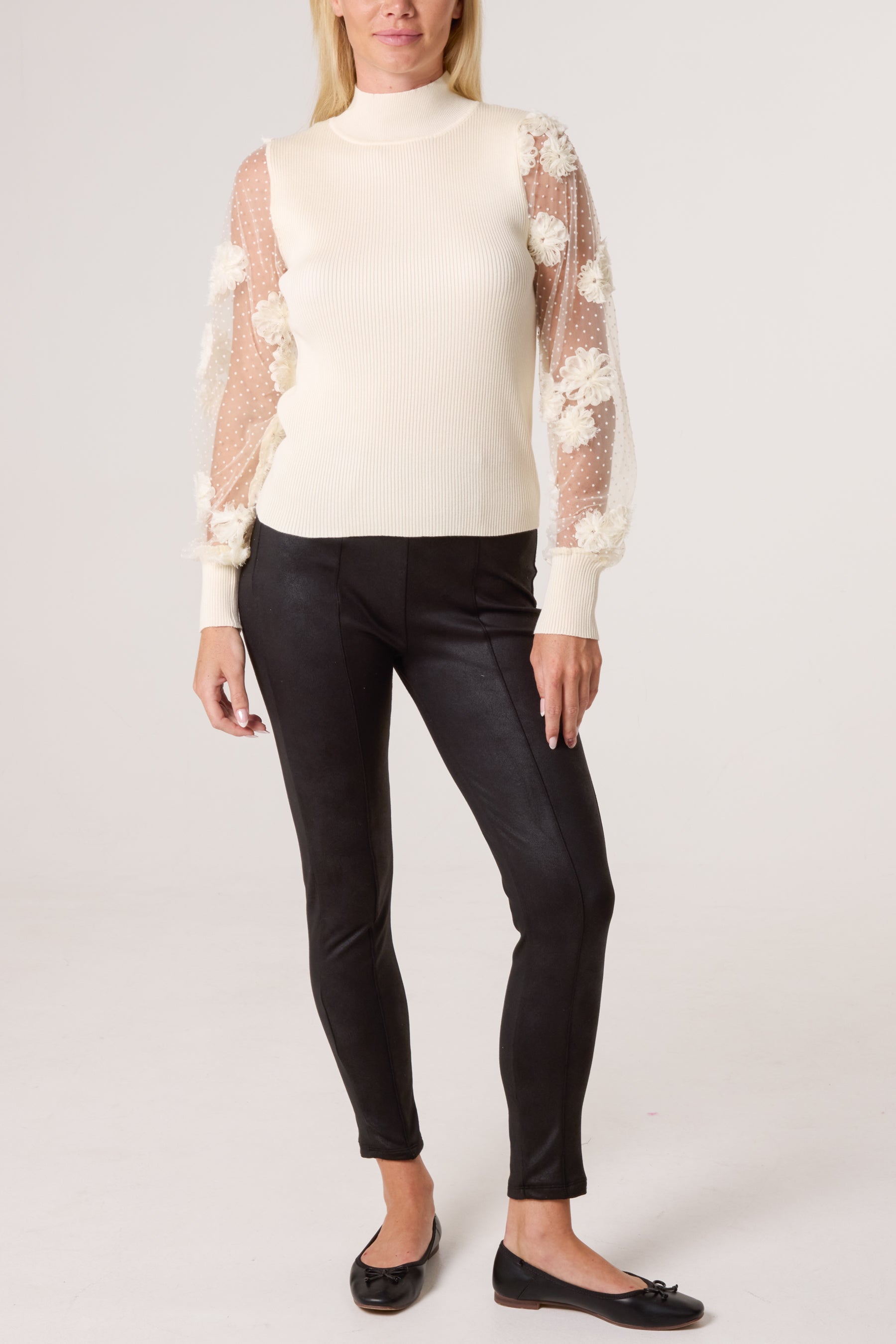 Mesh Flower Sleeve Turtle Neck Jumper