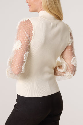 Mesh Flower Sleeve Turtle Neck Jumper