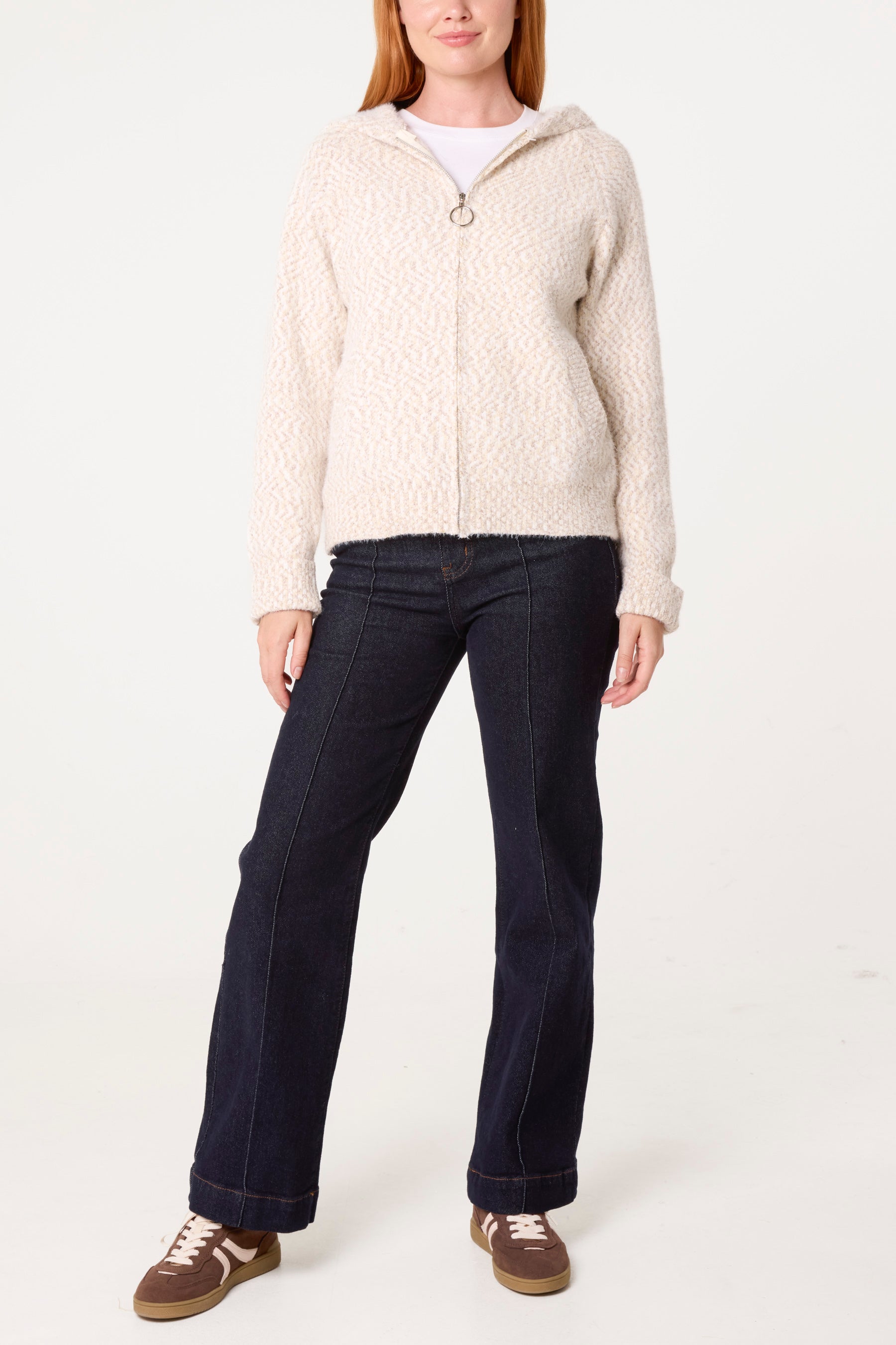 Fluffy Zip Through Hooded Cardigan