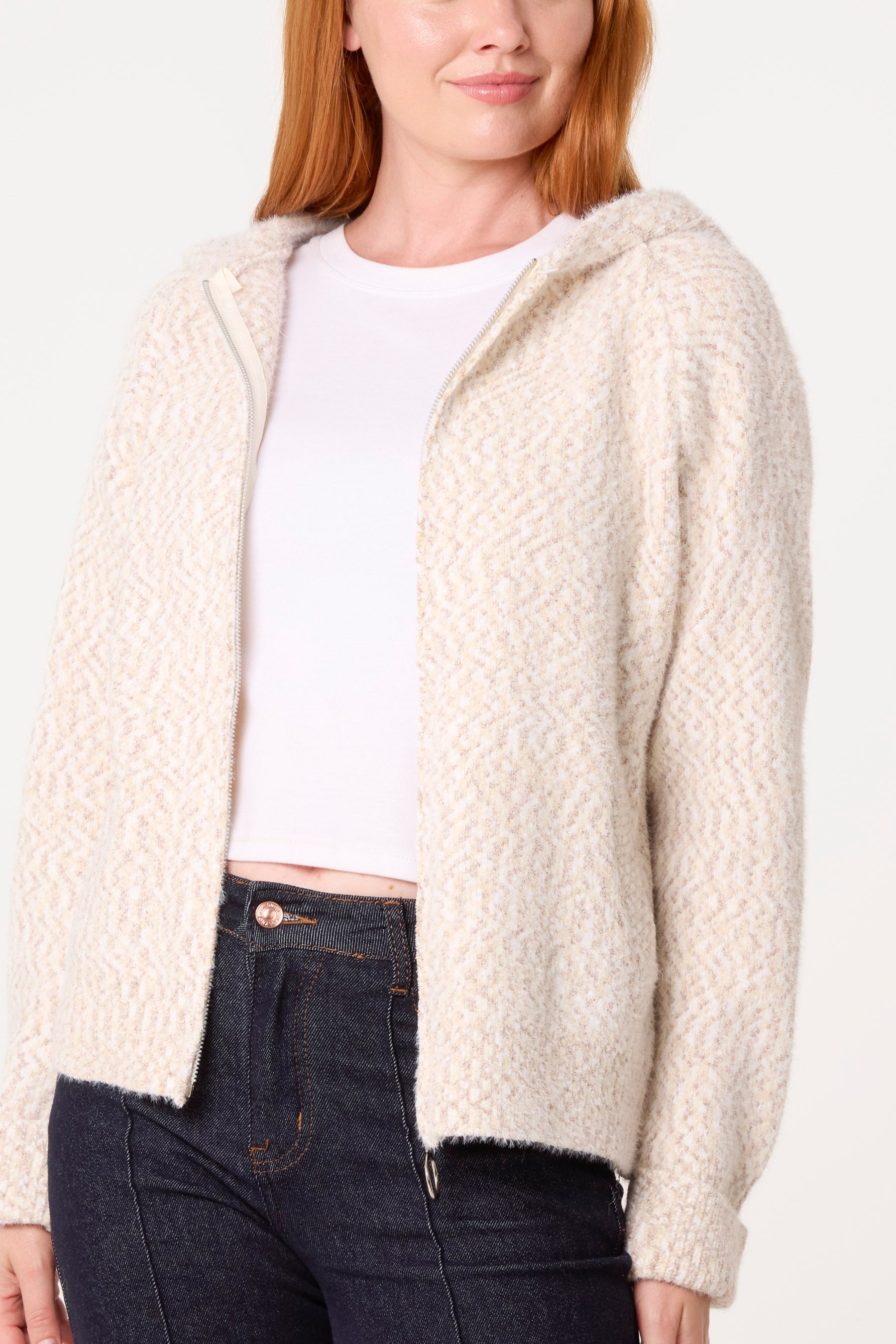 Fluffy Zip Through Hooded Cardigan