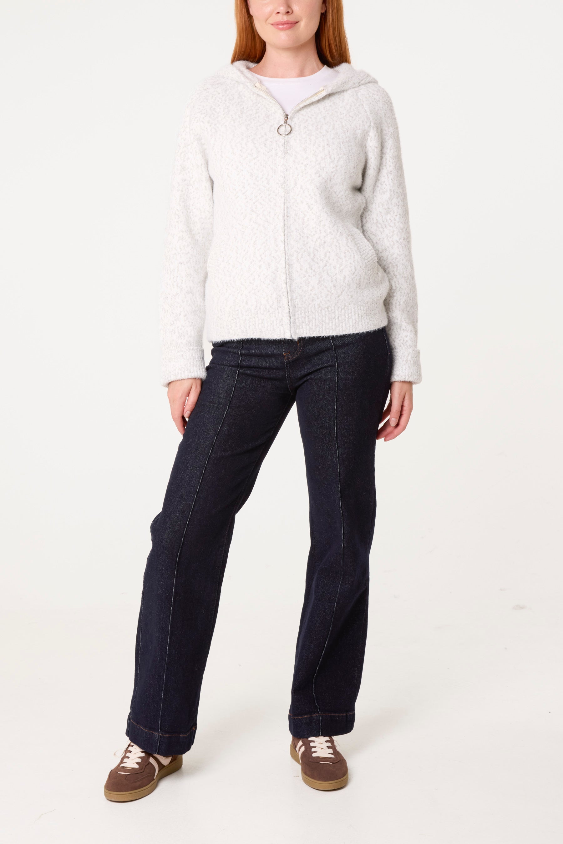 Fluffy Zip Through Hooded Cardigan