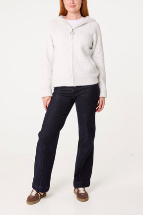 Fluffy Zip Through Hooded Cardigan