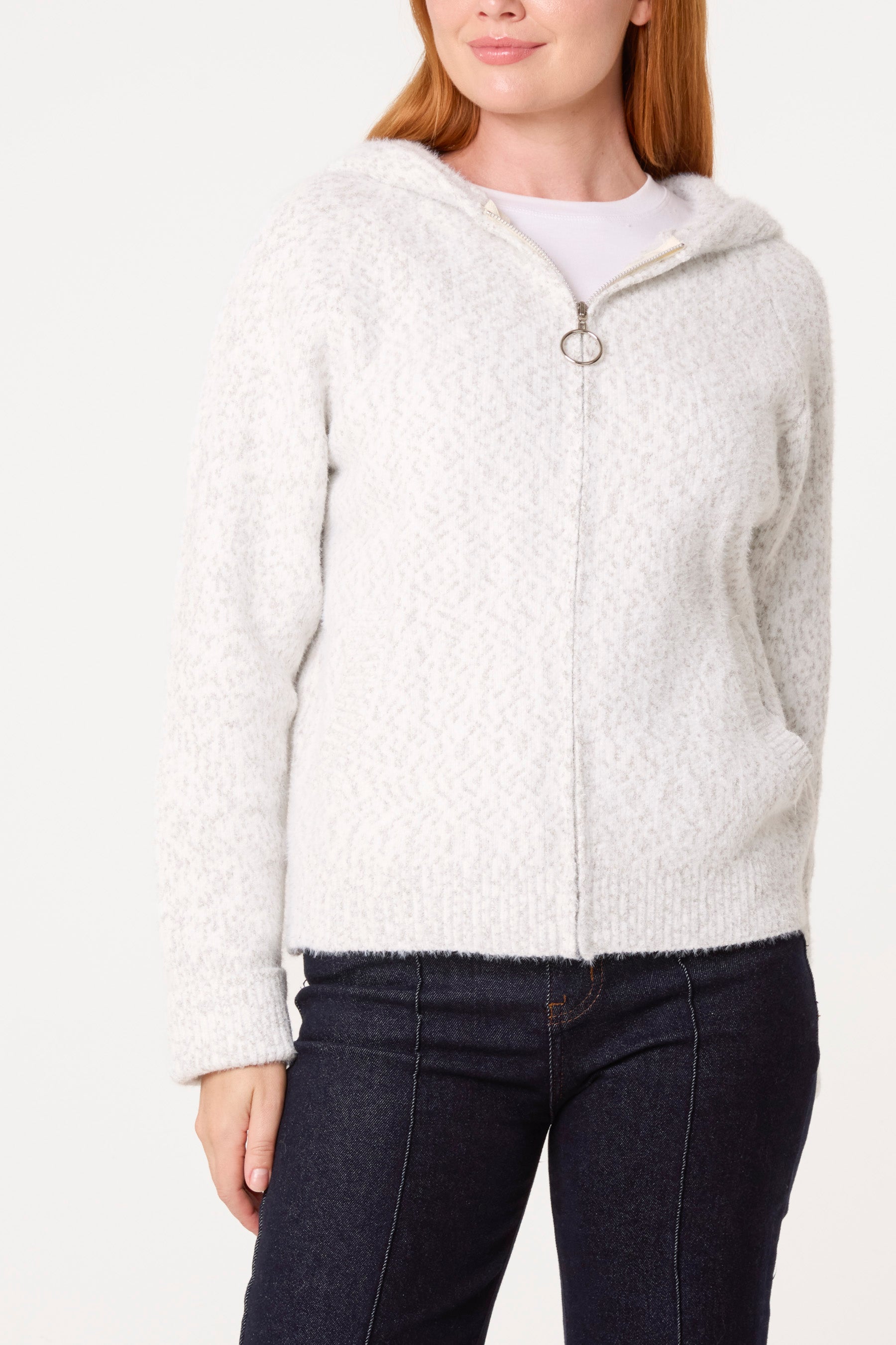 Fluffy Zip Through Hooded Cardigan
