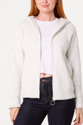 Fluffy Zip Through Hooded Cardigan