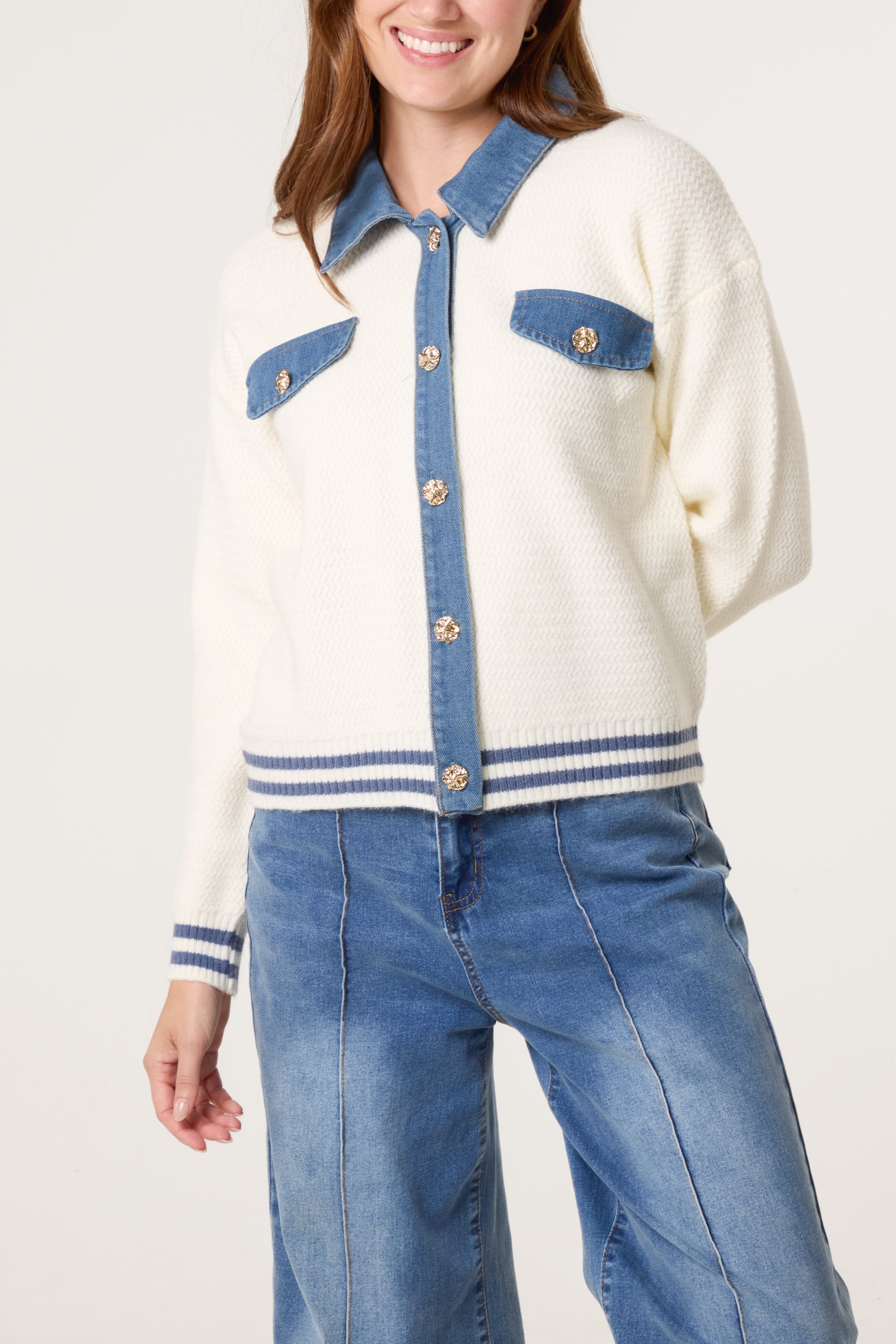 Denim Trim Knit Cardigan Jacket
